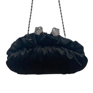 Lulu Townsend Black Satin  With Rhinestone Clasp & Chain Strap Evening Clutch